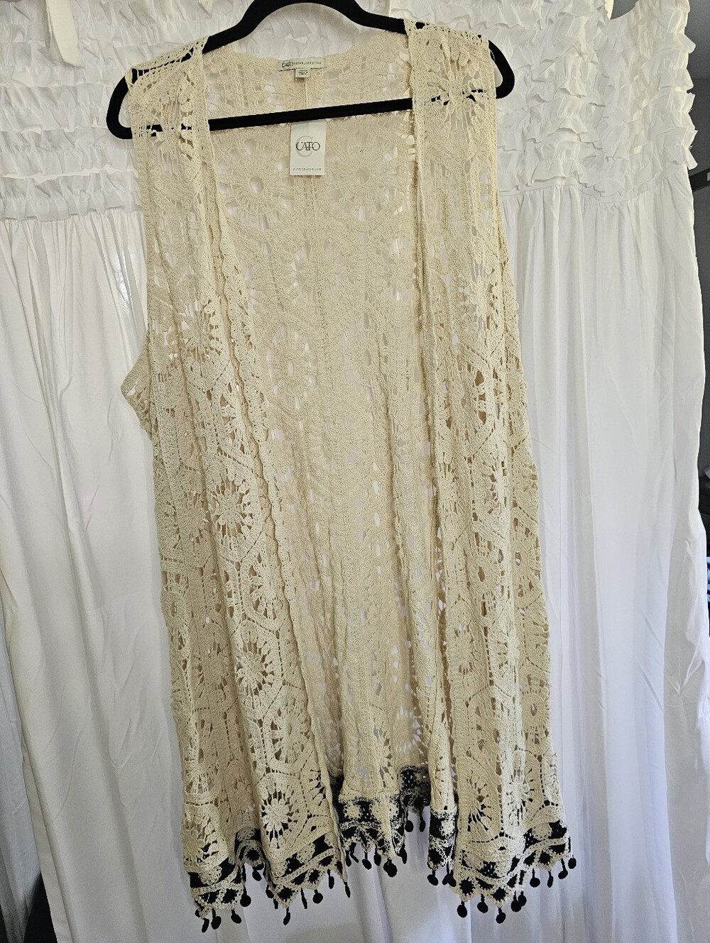 Cato Crochet Lace Sleeveless Cardigan in Cream with Tassel Trim